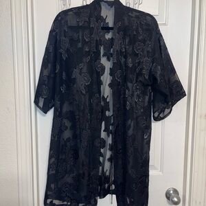 Vtg Maidenform Black sheer floral lace duster kimono